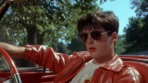 Young person in red convertible wearing sunglasses outdoors.