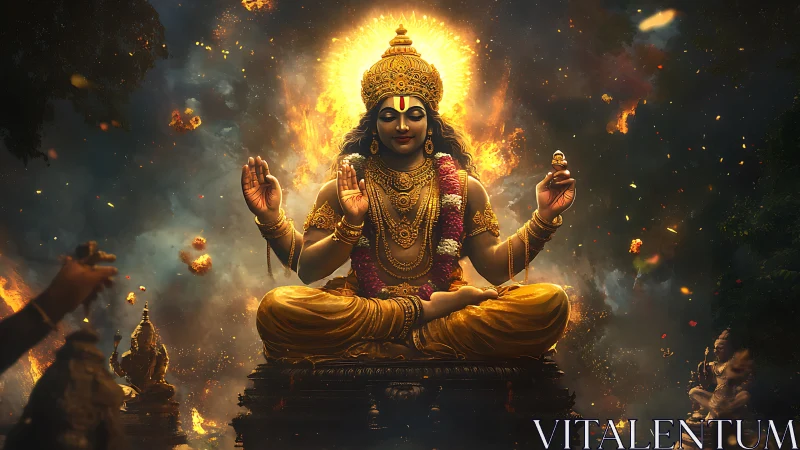 Radiant golden deity seated on lotus pedestal amid cosmic fire