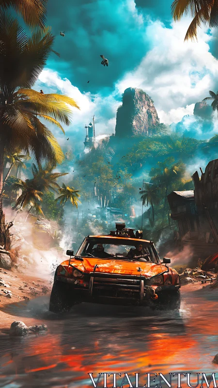 Off-road truck races through neon-lit tropical stormscape