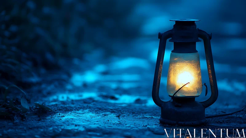 Rustic lantern glows softly on a rain-soaked midnight path