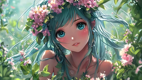 Anime girl with teal hair in flower crown portrait.