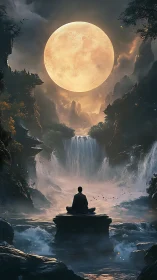 Moon-soaked monk adrift in roaring waterfall reverie.