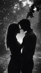 Silhouetted couple embracing in starlight and sparks.