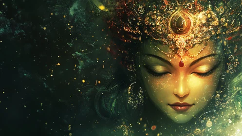 Ornate crowned female face in luminous abstract space.