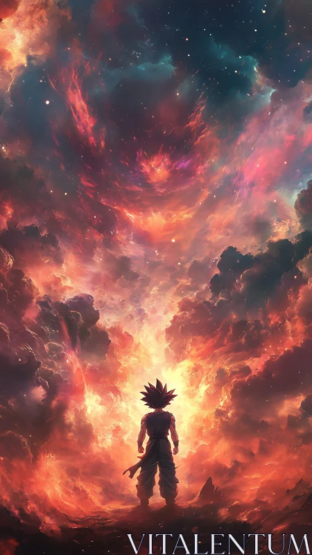 Anime warrior beneath cosmic inferno skyscape digital art.