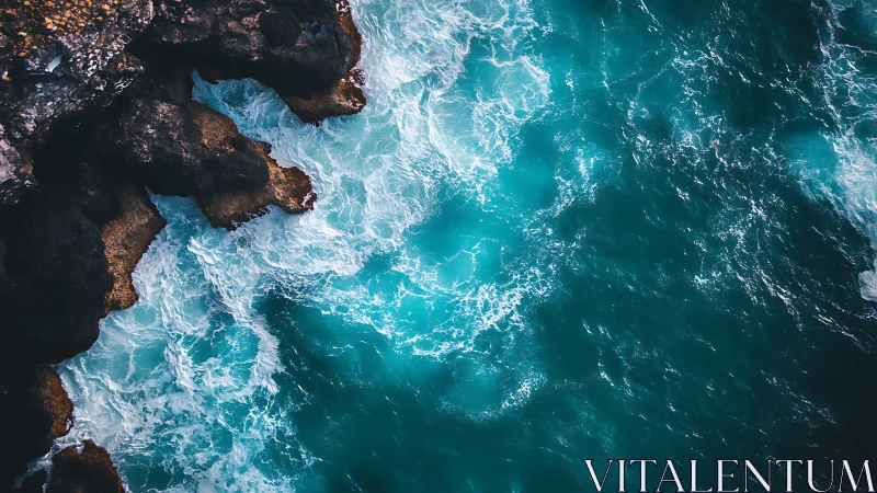 Wild turquoise waves dance and crash against rugged coastal cliffs