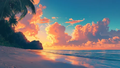 Tropical beach shoreline under vivid sunset clouds glow.