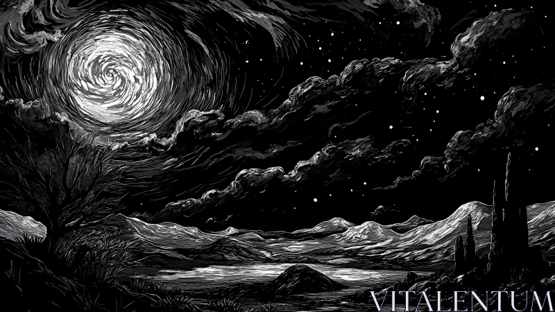 Swirling white vortex haunts a stark black and white night sky