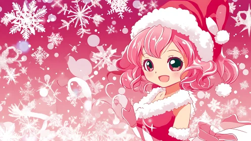Pink Christmas anime girl in festive snowflake wonderland.