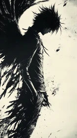 Dark winged figure stands in stark abstract monochrome contrast