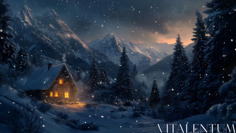 Snowy mountain cabin glows warmly under evening snowfall