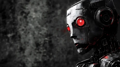 Corroded combat android with red optical sensors observes in profile