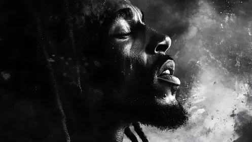 Monochrome profile portrait of man in textured smoke field.