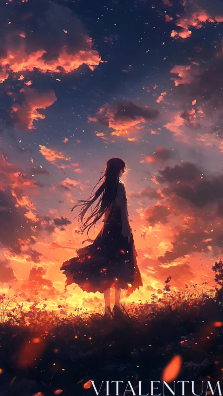 Backlit silhouette of girl under high-contrast emberlit sunset sky