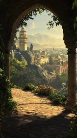 Digital painting of sunlit hilltop city framed by stone arch.