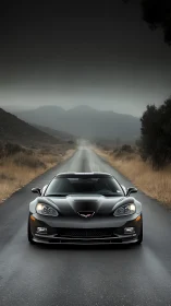 Black sports car on wet rural road under overcast sky.