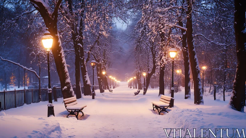 Snow-laden park avenue illuminated by warm lamppost bokeh glow