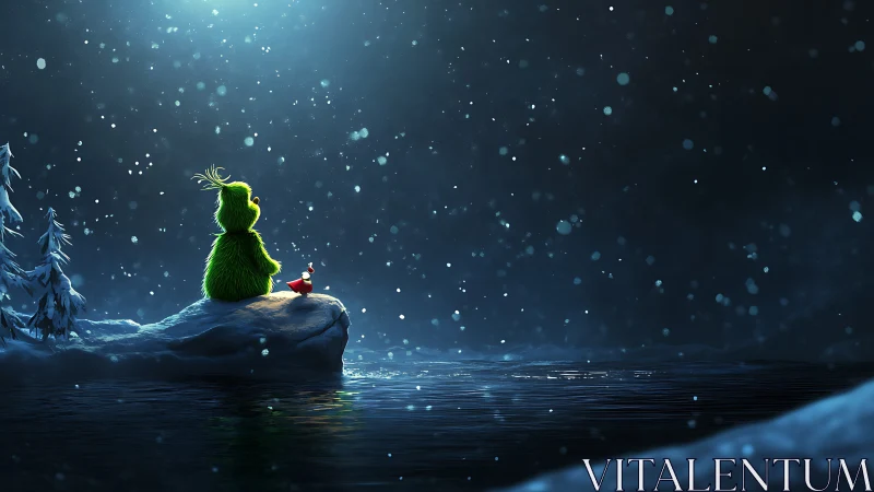 Furry green creature watches snow over moonlit winter lake.