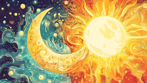 Sun and moon swirl in a glowing dance of day and night.