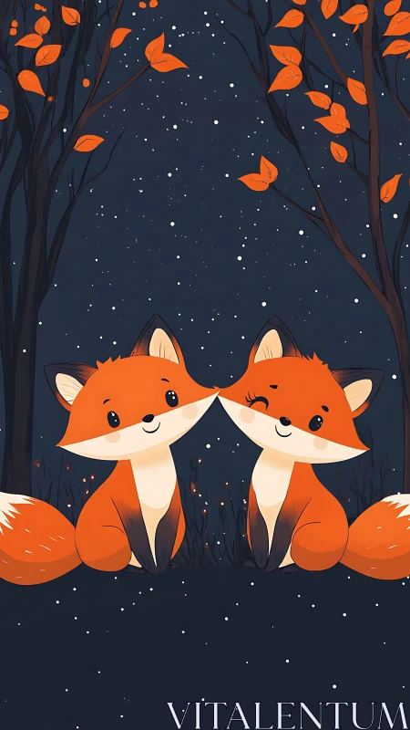 Fox friends sharing a starry forest cuddle at midnight.
