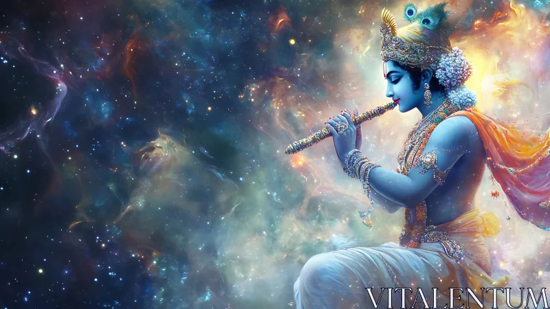 Divine cosmic musician in luminous digital painting composition.