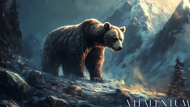 Majestic mountain bear quietly surveys its rugged winter realm