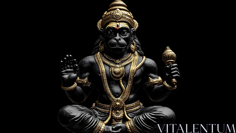 Black and gold Hanuman sculpture in frontal meditative pose.