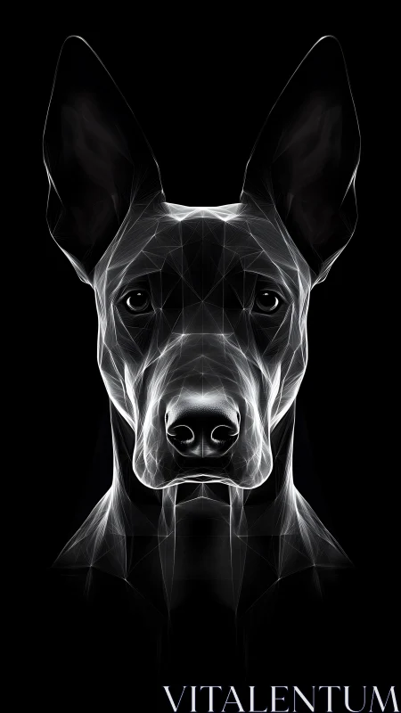 Geometric wireframe dog portrait glows against deep black