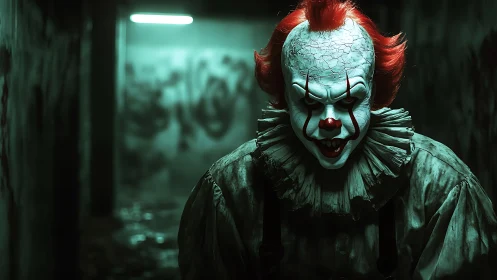 Sinister sewer clown stalks viewer in toxic green light.