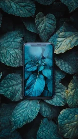 Smartphone displays matching teal leaves amid dense foliage