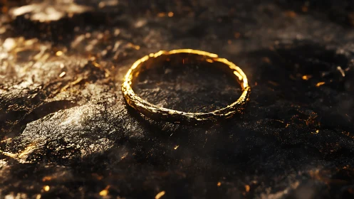 Gold circular ring resting on dark textured rock surface.