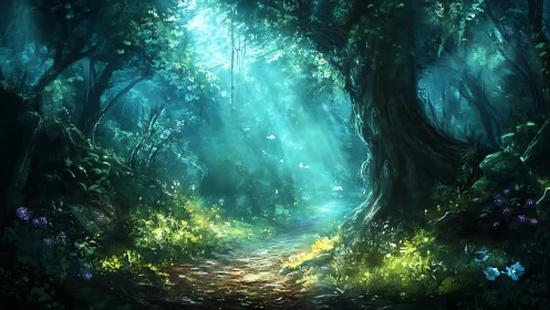 Mystical Forest Grotto with Bioluminescent Flora.