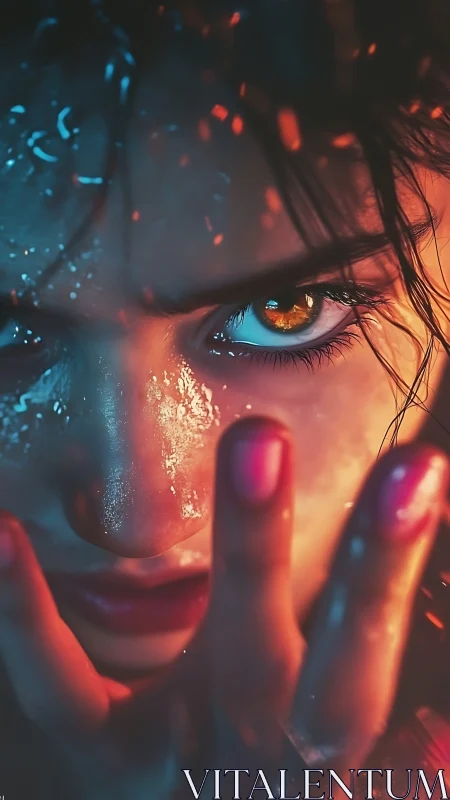 Molten gaze carves fire and ice across a stormlit face