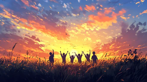 Children celebrate sunset together in a glowing summer field