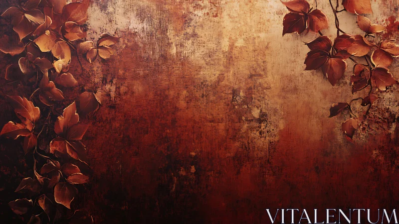 Autumn burnished leaves frame a rustic sunset wall. Period.