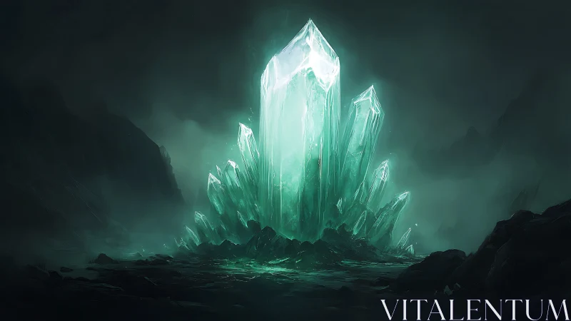 Large luminous crystal cluster in dark rocky landscape.