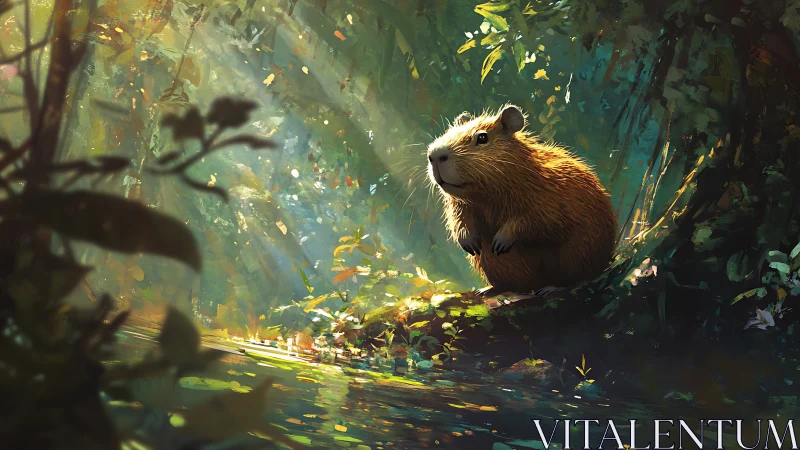 Capybara rests in golden rainforest clearing light.