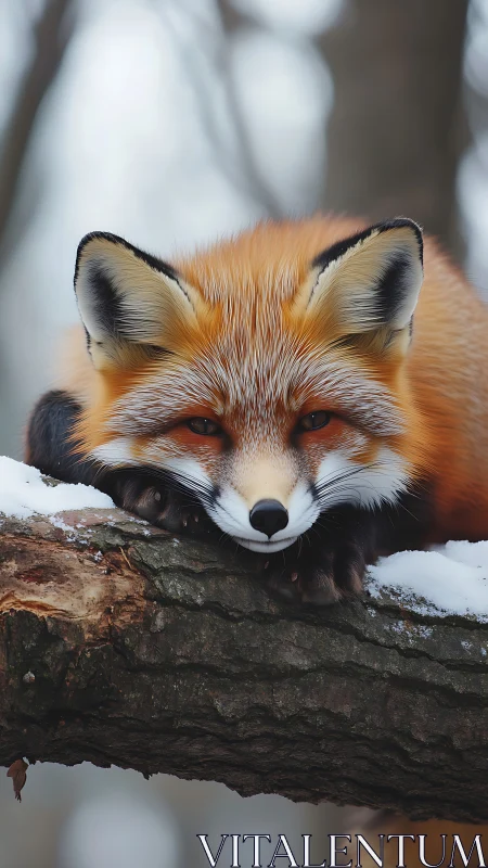 Resting red fox lies on snowy tree branch in winter forest