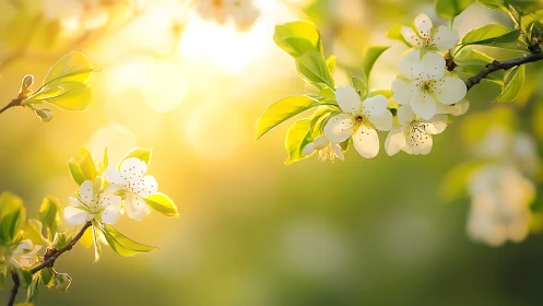 Spring Blossom Branches Backlit by Golden Sunlight