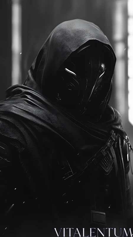 Midnight sentinel draped in obsidian techwoven shadows waits