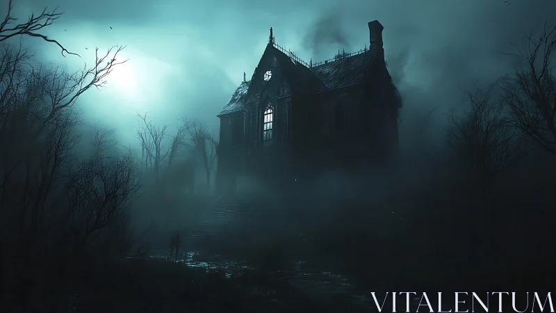 Old gabled house stands in dense fog among bare trees at night