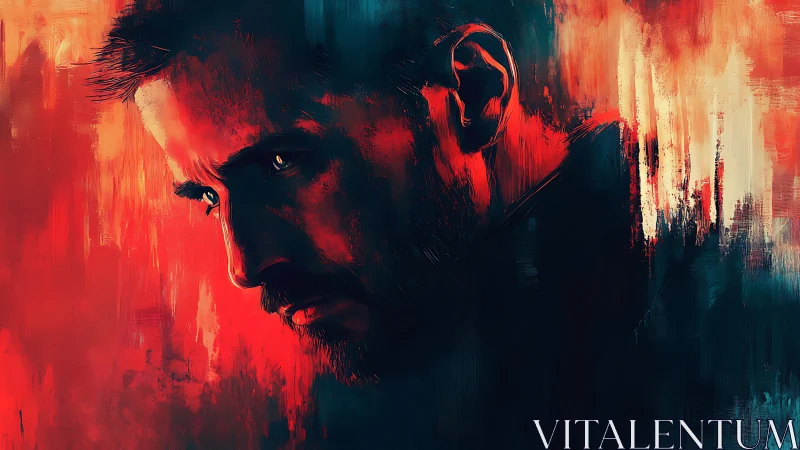 Brooding male portrait in red teal digital brushwork.