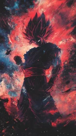 Red-haired anime warrior stands in swirling fiery energy field