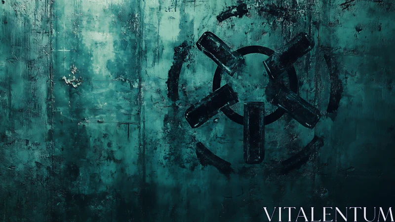 Weathered teal wall with mysterious circular emblem glow.