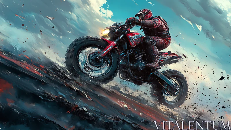 Off-road motorcyclist riding across rough wet terrain.