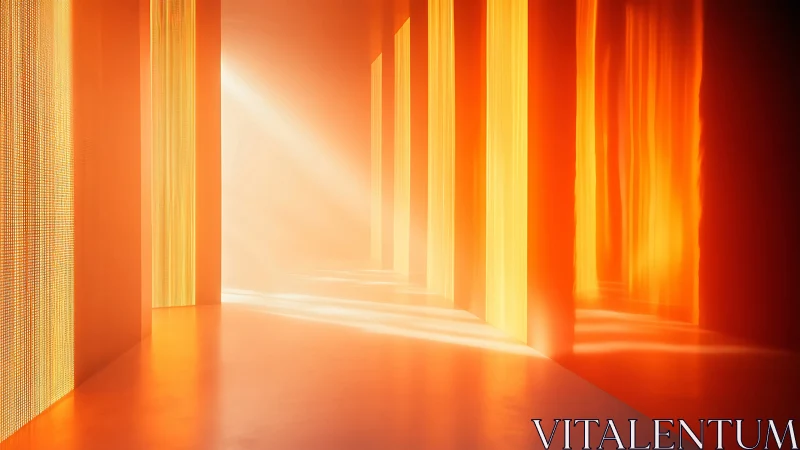 Luminous orange corridor with volumetric light shafts and panels