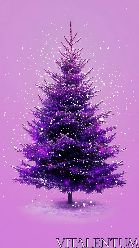Vibrant magenta fir tree with snowfall on minimalist ground plane.