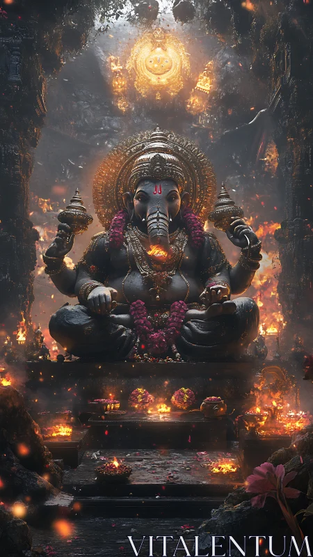 Ganesh deity statue in cavern shrine with ritual fire altars.
