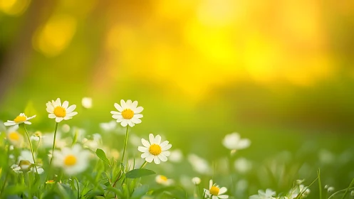 Field of white and yellow daisies with shallow depth of field