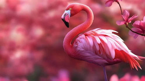 Graceful pink flamingo poised among dreamy blossoms.